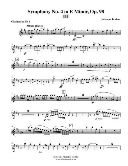 Free Sheet Music Brahms Symphony No 4 Movement Iii Clarinet In Bb 1 Transposed Part Op 98