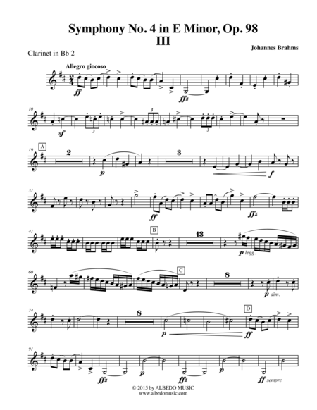 Free Sheet Music Brahms Symphony No 4 Movement Iii Clarinet In Bb 2 Transposed Part Op 98