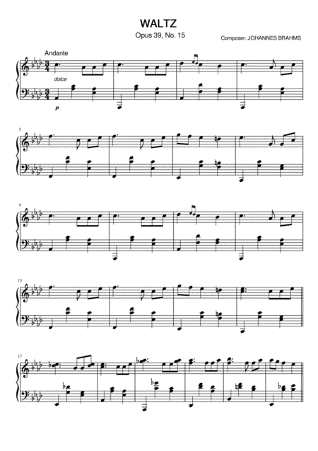 Brahms Waltz Op 39 No 15 Intermediate Piano Sheet Music