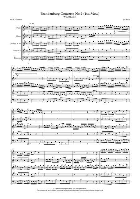 Brandenburg Concerto No 2 1st Mov Wind Quintet Sheet Music