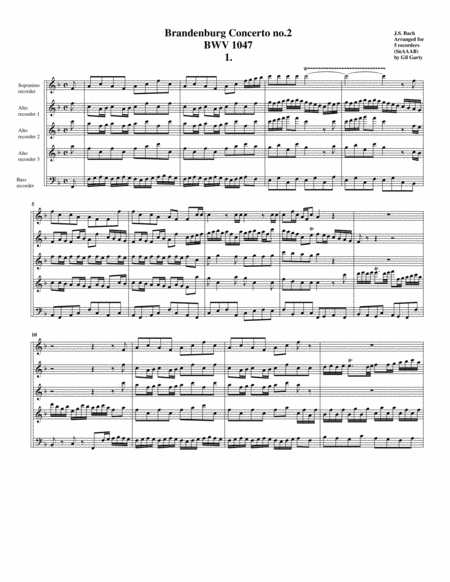 Free Sheet Music Brandenburg Concerto No 2 Bwv 1047 Arrangement For 5 Recorders