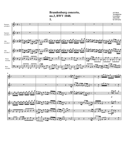 Brandenburg Concerto No 3 Bwv 1048 Arrangement For 6 Recorders Sheet Music