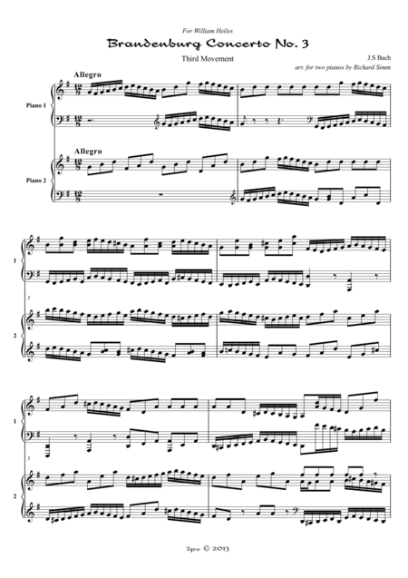 Brandenburg Concerto No 3 Third Movement For 2 Pianos Sheet Music