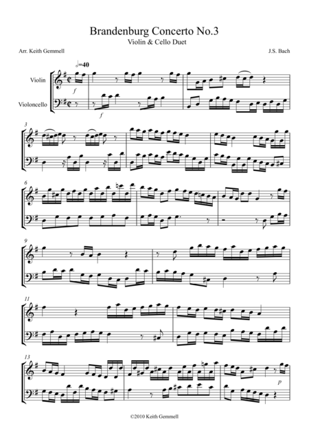 Brandenburg Concerto No 3 Violin Cello Duet Sheet Music