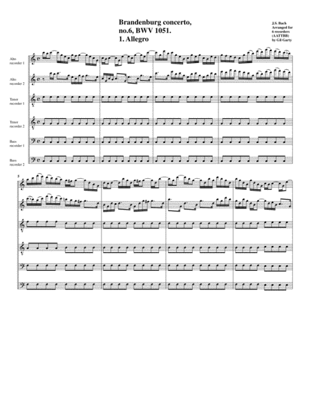 Brandenburg Concerto No 6 Bwv 1051 Arrangement For 6 Recorders Sheet Music