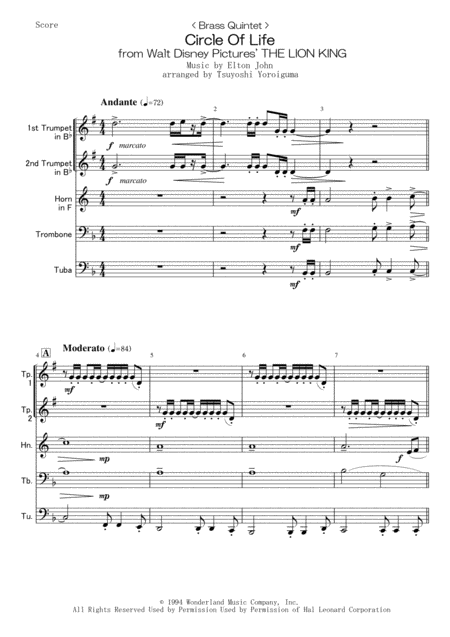 Free Sheet Music Brass Quintet Circle Of Life From Walt Disney Pictures The Lion King