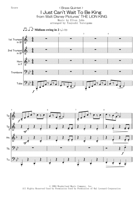 Free Sheet Music Brass Quintet I Just Cant Wait To Be King From Walt Disney Pictures The Lion King