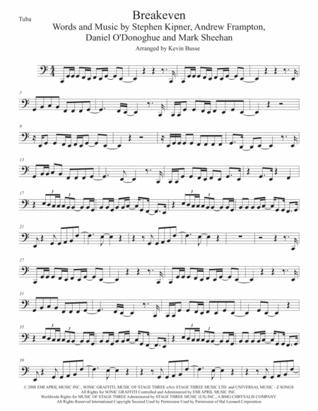 Breakeven Tuba Easy Key Of C Sheet Music