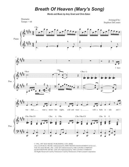 Breath Of Heaven Mary Song For Unison Choir High Key Sheet Music