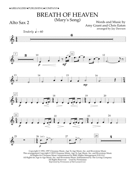 Breath Of Heaven Marys Song Arr Jay Dawson Alto Sax 2 Sheet Music