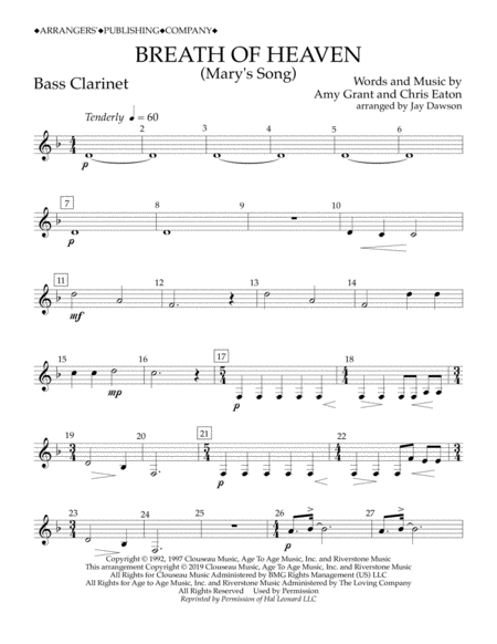 Breath Of Heaven Marys Song Arr Jay Dawson Bb Bass Clarinet Sheet Music