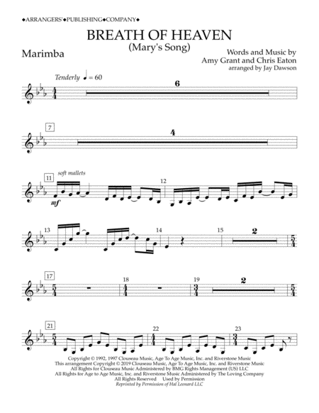 Free Sheet Music Breath Of Heaven Marys Song Arr Jay Dawson Marimba