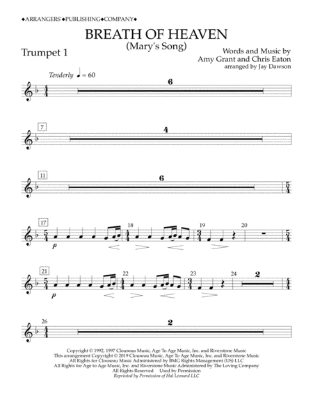 Breath Of Heaven Marys Song Arr Jay Dawson Trumpet 1 Sheet Music