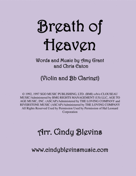 Breath Of Heaven Marys Song Arranged For Violin And Bb Clarinet Sheet Music