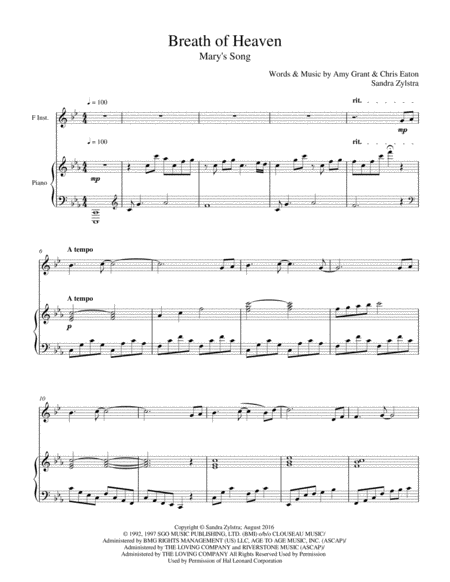 Breath Of Heaven Marys Song Treble F Instrument Solo Sheet Music