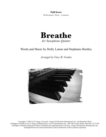 Free Sheet Music Breathe For Saxophone Quintet