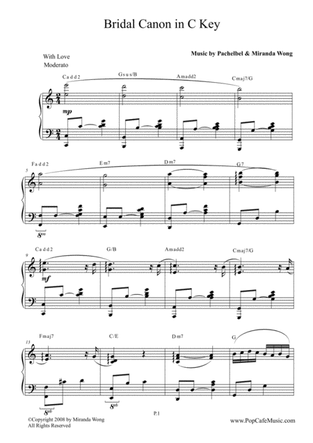 Bridal Canon In Bb Wedding Piano Music In C Key Sheet Music