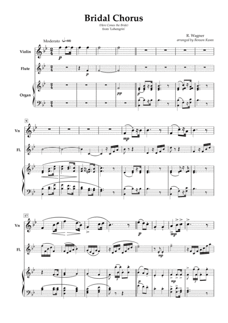 Bridal Chorus From Lohengrin Violin Flute Duet Organ Accompaniment Sheet Music