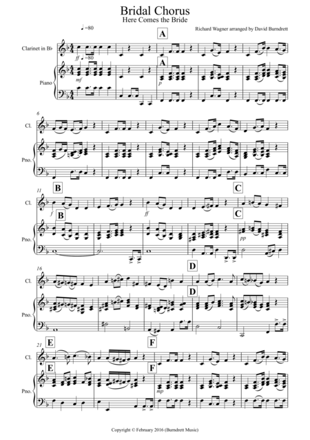 Free Sheet Music Bridal Chorus Here Comes The Bride For Clarinet And Piano