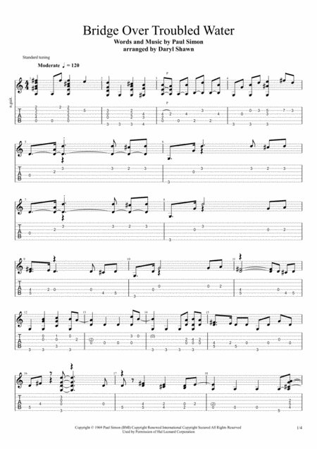 Free Sheet Music Bridge Over Troubled Water For Solo Fingerstyle Guitar