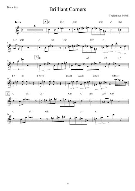 Free Sheet Music Brilliant Corners Tenor Sax