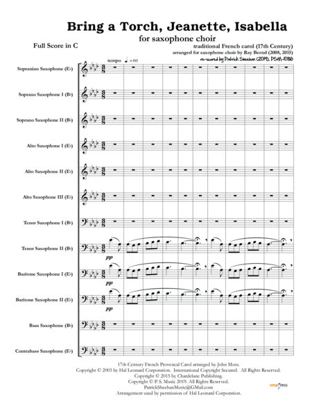 Bring A Torch Jeanette Isabella For Saxophone Choir Full Score Set Of Parts Sheet Music