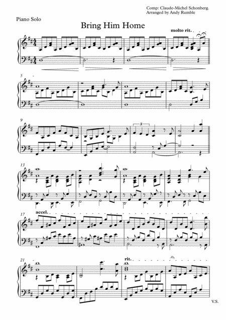 Bring Him Home Piano Solo Sheet Music