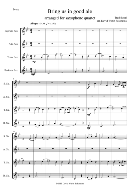 Bring Us In Good Ale For Saxophone Quartet Sheet Music