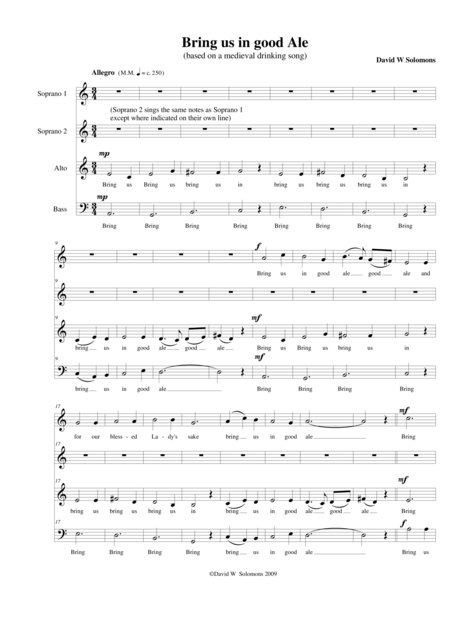 Bring Us In Good Ale Ssab Version Mixed Voices Sheet Music