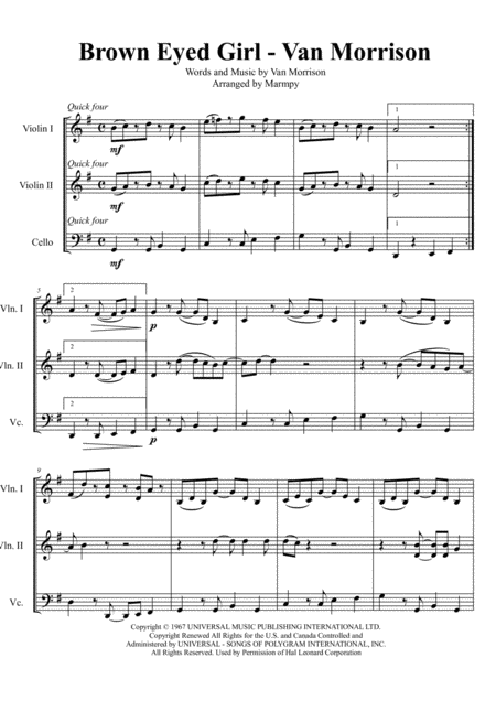 Brown Eyed Girl By Van Morrison Arranged For String Trio Sheet Music