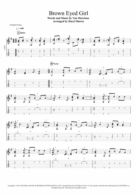 Brown Eyed Girl For Solo Fingerstyle Guitar Sheet Music