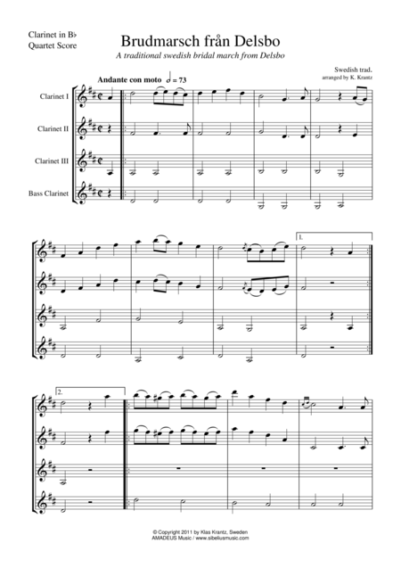 Brudmarsch Fran Delsbo For Clarinet Quartet Sheet Music