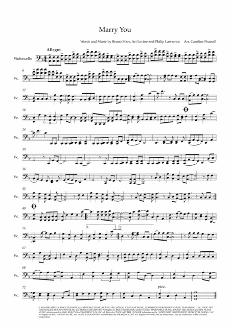 Bruno Mars Marry You Cello Solo Sheet Music