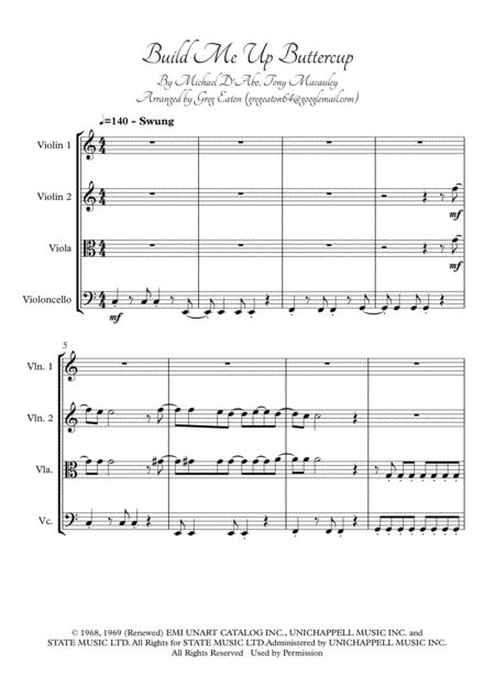 Free Sheet Music Build Me Up Buttercup Arranged For String Quartet By Greg Eaton Score And Parts Perfect For Gigging Quartets