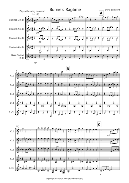 Free Sheet Music Burnies Ragtime For Clarinet Quintet