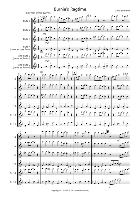 Free Sheet Music Burnies Ragtime For Flute Quartet