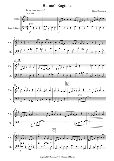 Burnies Ragtime For Violin And Double Bass Duet Sheet Music