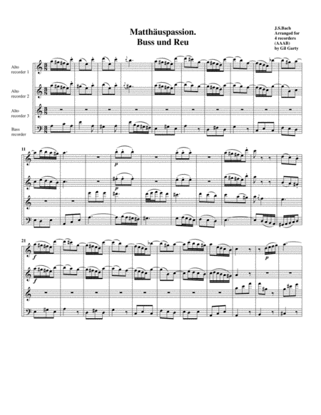 Free Sheet Music Buss Und Reu From Matthaeuspassion Bwv 244 6 Arrangement For 4 Recorders