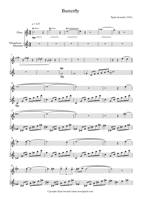 Butterfly For Flute And Vibraphone Or Marimba Sheet Music