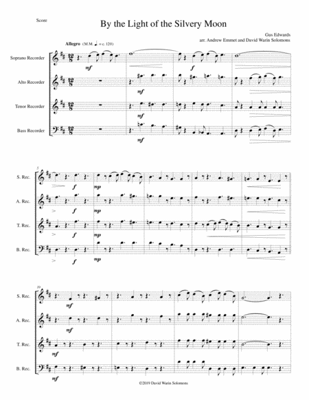 Free Sheet Music By The Light Of The Silvery Moon For Recorder Quartet