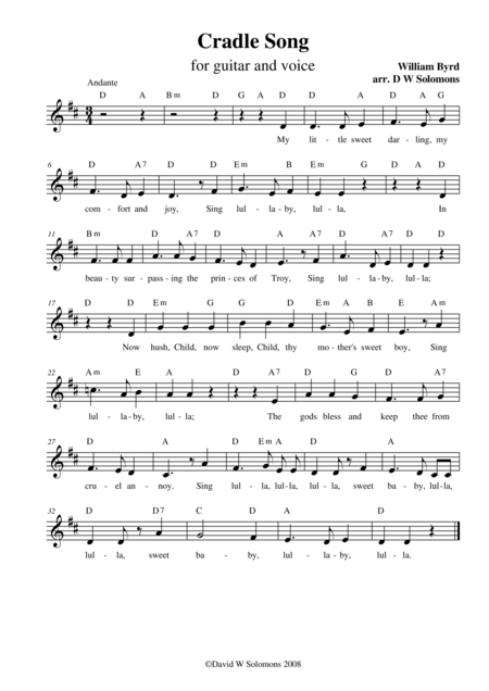 Byrds Cradle Song Simple Version For Alto Voice With Guitar Chord Names Sheet Music