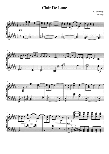 C Debussy Clair De Lune Easy Piano Sheet Music