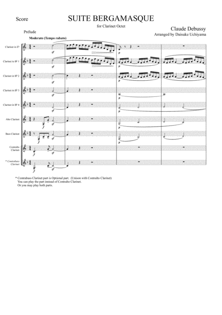 Free Sheet Music C Debussy Prelude From Suite Bergamasque For Clarinet Choir