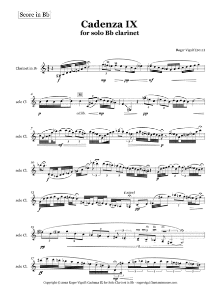 Cadenza Ix For Solo Clarinet Sheet Music