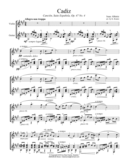 Free Sheet Music Cadiz Op 47 No 4 For Violin And Guitar