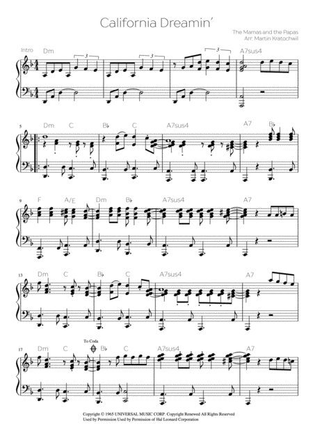 California Dreamin Advanced Piano Sheet Music