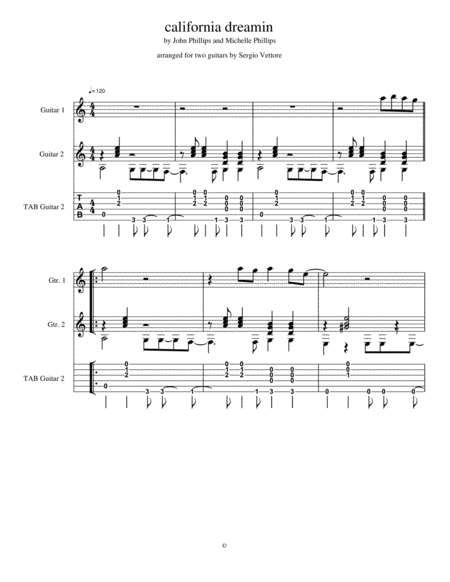 California Dreamin By John Phillips And Michelle Phillips Arranged For Two Guitars By Sergio Vettore Sheet Music