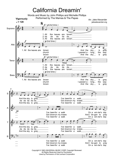 Free Sheet Music California Dreamin Satb