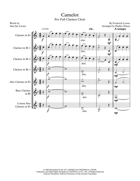 Camelot For Full Clarinet Choir Sheet Music