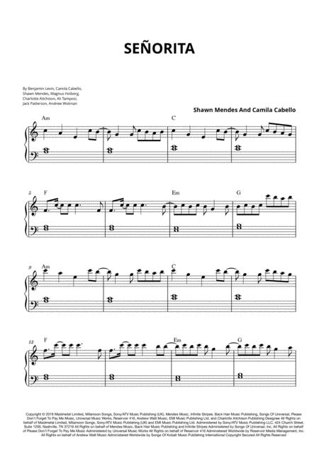 Camila Cabello Seorita Easy Piano Sheet Music